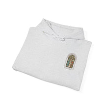 Stained Glass Arch Hoodie — Cozy White Pullover with Vintage Floral Window Design