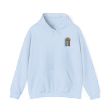 Stained Glass Arch Hoodie — Cozy White Pullover with Vintage Floral Window Design