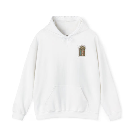 Sweat à capuche « Stained Glass Arch » — Pull blanc douillet avec motif de fenêtre florale vintage