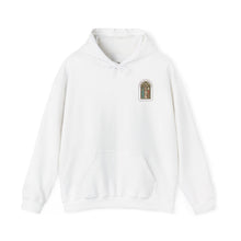 Stained Glass Arch Hoodie — Cozy White Pullover with Vintage Floral Window Design