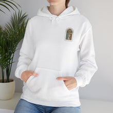 Stained Glass Arch Hoodie — Cozy White Pullover with Vintage Floral Window Design