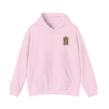 Stained Glass Arch Hoodie — Cozy White Pullover with Vintage Floral Window Design