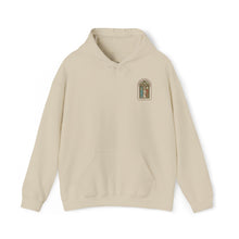 Stained Glass Arch Hoodie — Cozy White Pullover with Vintage Floral Window Design
