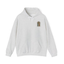Stained Glass Arch Hoodie — Cozy White Pullover with Vintage Floral Window Design